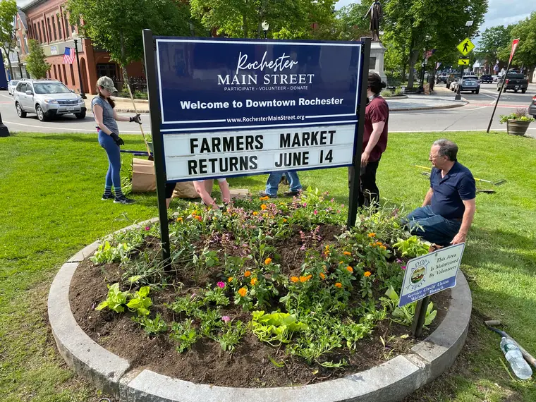 Volunteers planting flowers around the Welcome to Downtown Rochester sign in Central Square
