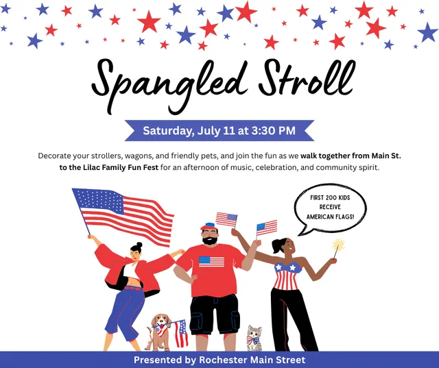 Star Spangled Stroll patriotic community walk graphic for downtown Rochester