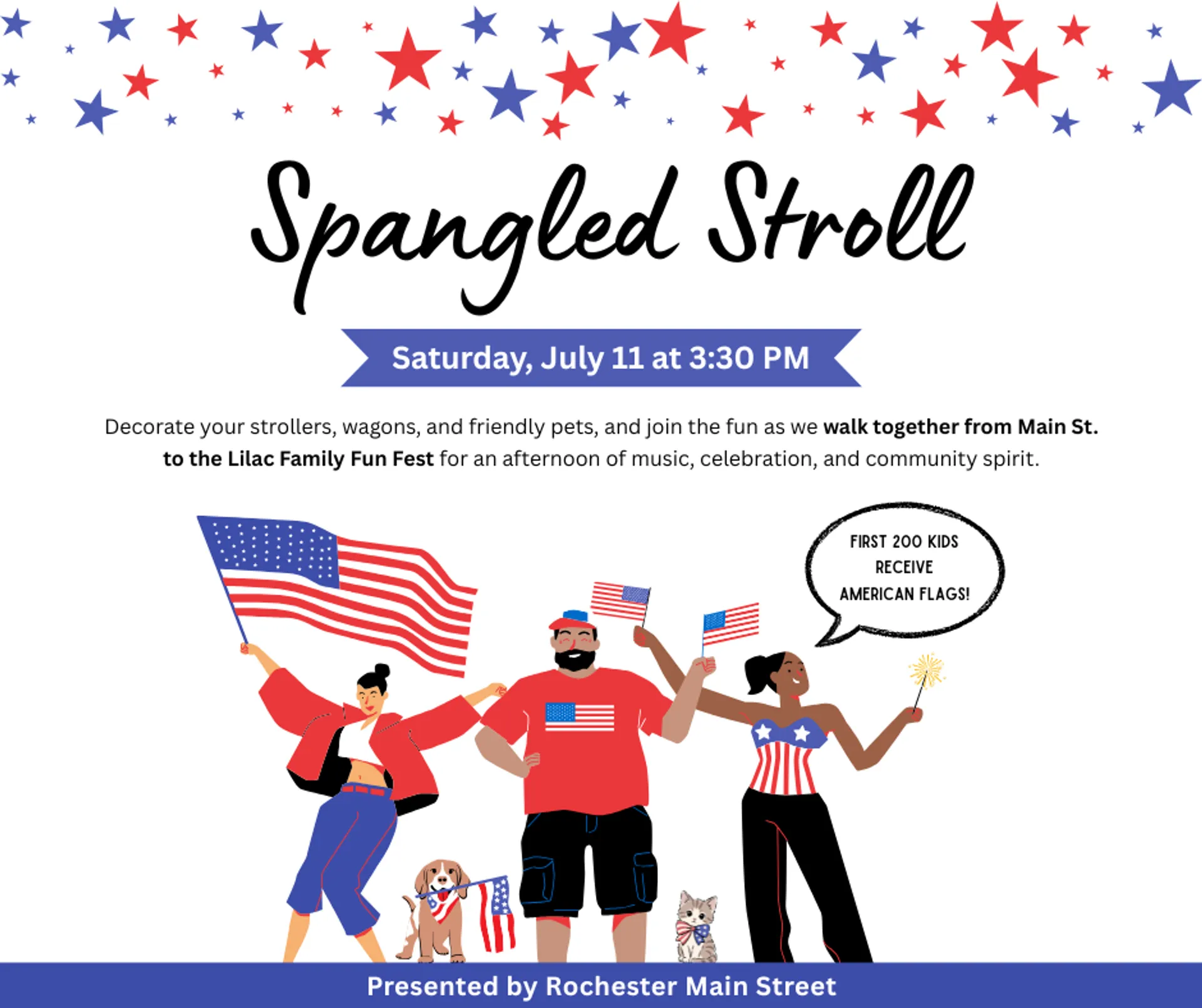 Star Spangled Stroll patriotic community walk graphic for downtown Rochester